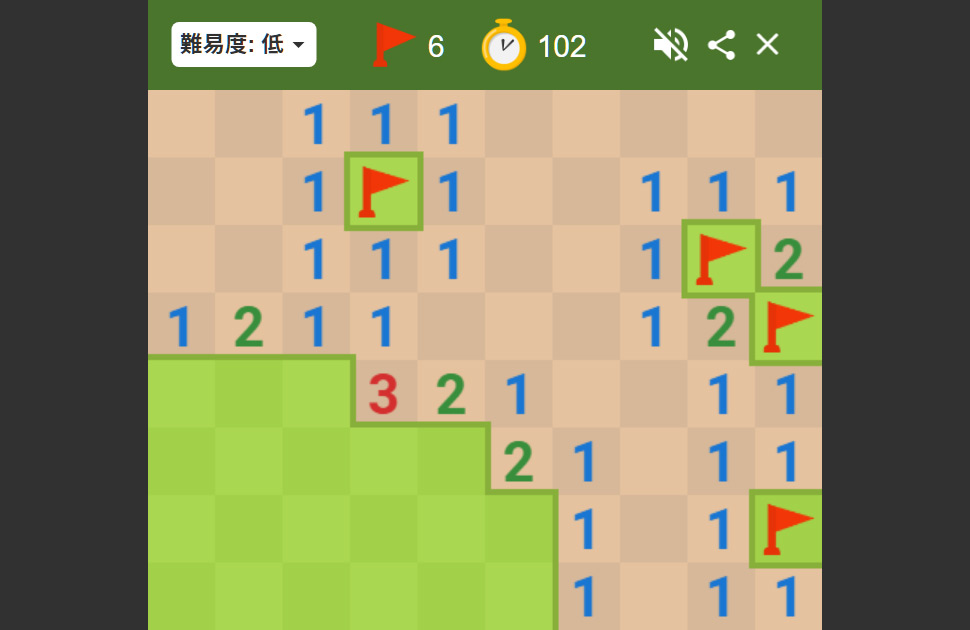 Googleマインスイーパーのプレイ画面