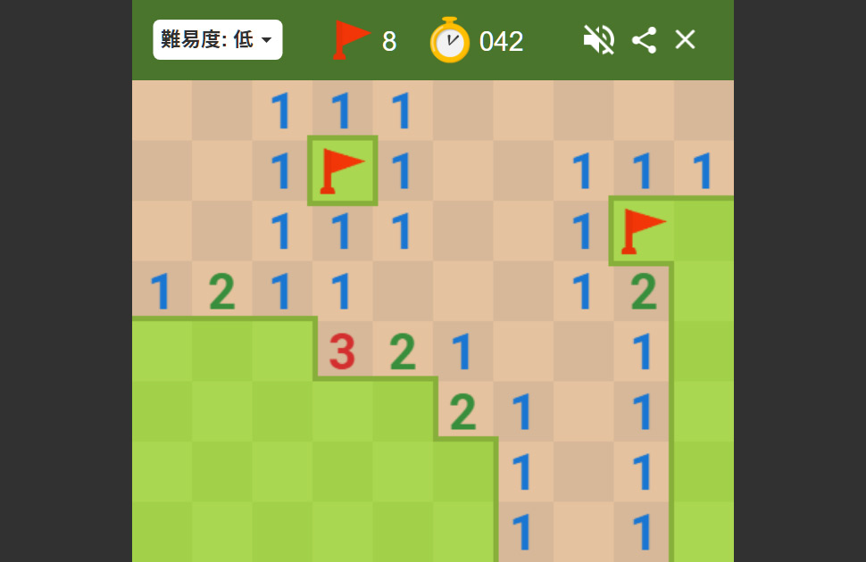 Googleマインスイーパーのプレイ画面