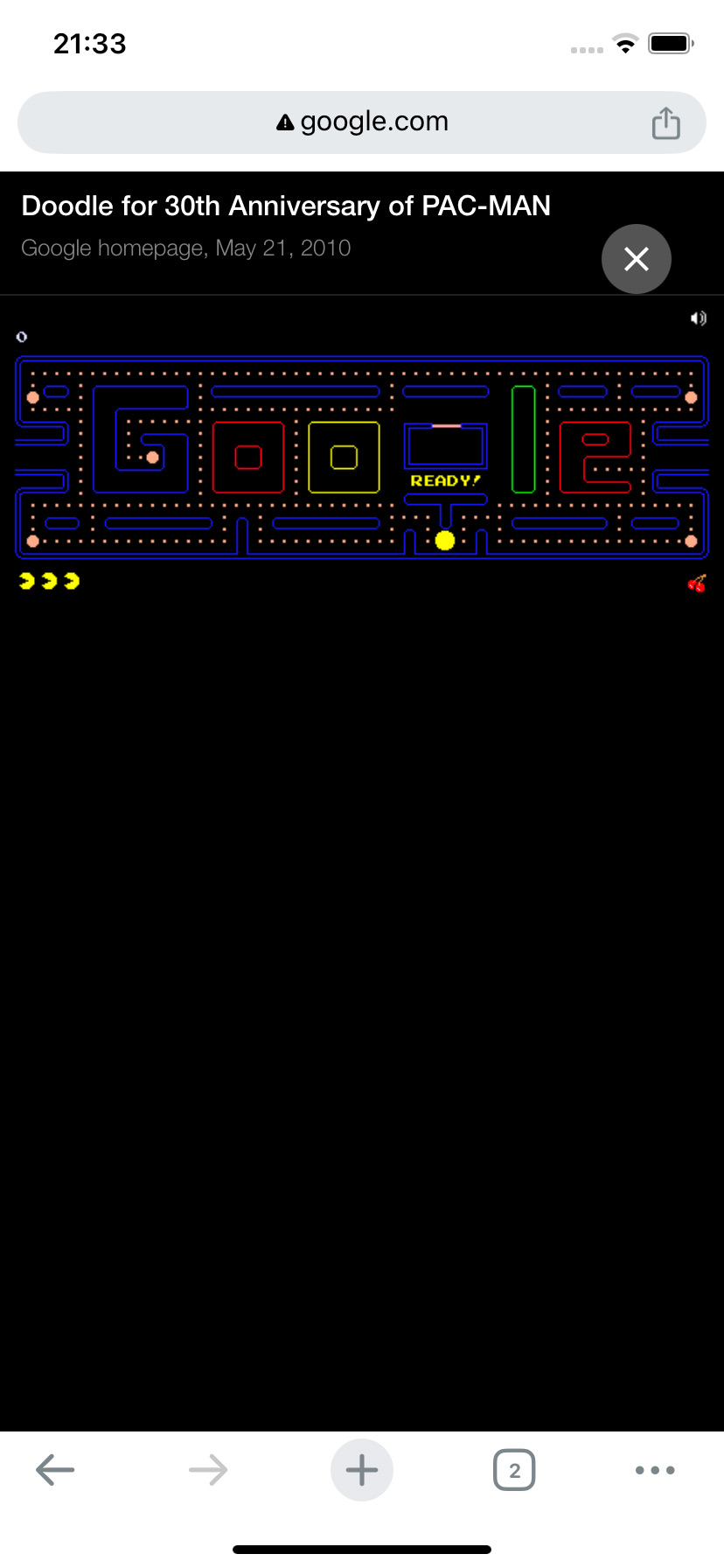 パックマンの「プレイ」をクリックでゲームが始まる