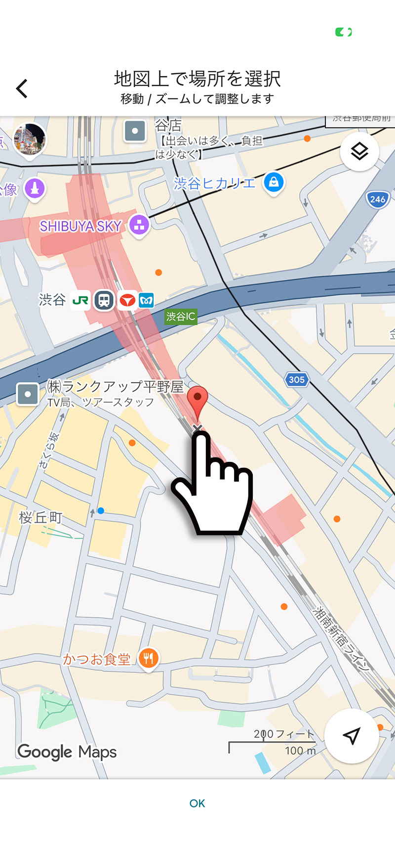 地図が表示されるので、中央のピンアイコンを正確な場所になるよう地図をドラッグして調整する手順